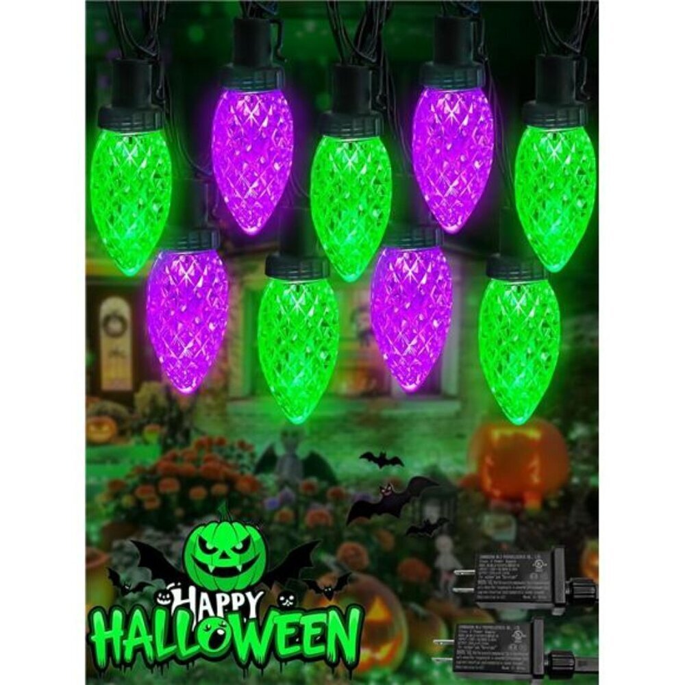 Halloween String Lights 2 Pack, 100 LED C9 Purple Green 66ft